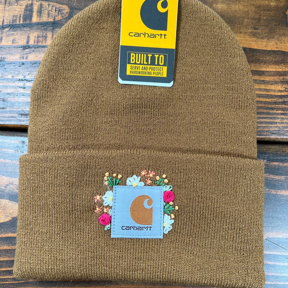 Carhartt brown beanie with bright flowers